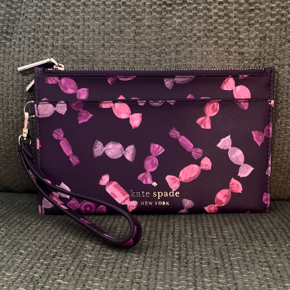 Kate Spade Staci Candy Shop Medium Double Zip Wristlet in “Purple Candy Print”
